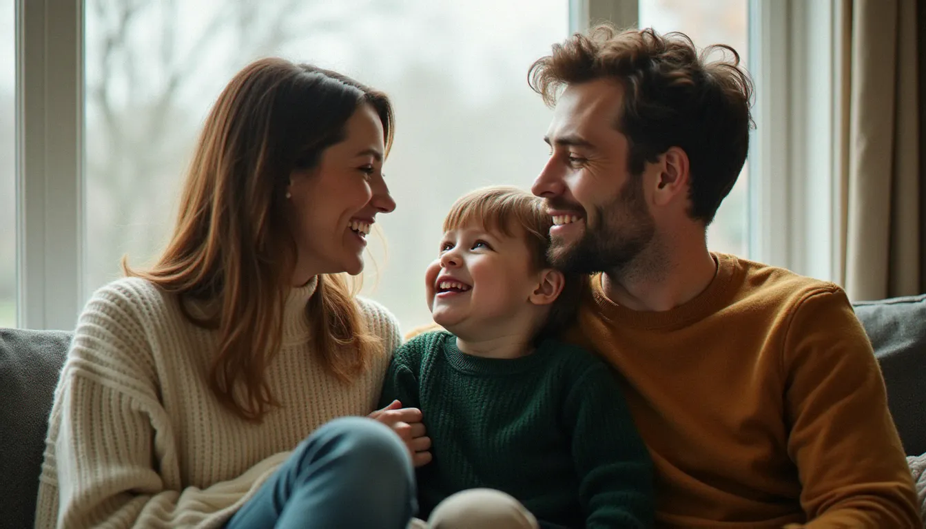 Portrait de famille en lumière naturelle diffuse près d'une fenêtre, idéal pour une photo de vœux authentique et chaleureuse