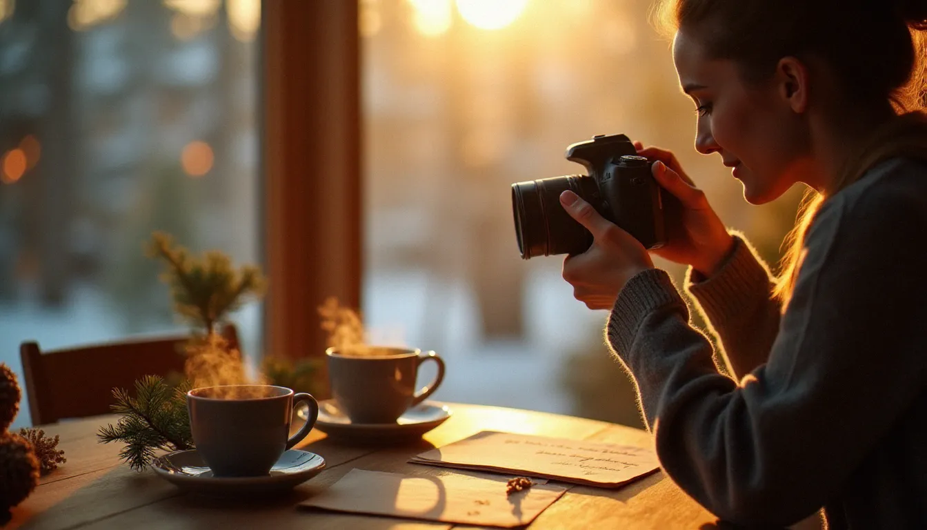 Photographe en lumière naturelle composant une photo meilleurs vœux 2026 près d'une fenêtre hivernale avec des accessoires de saison