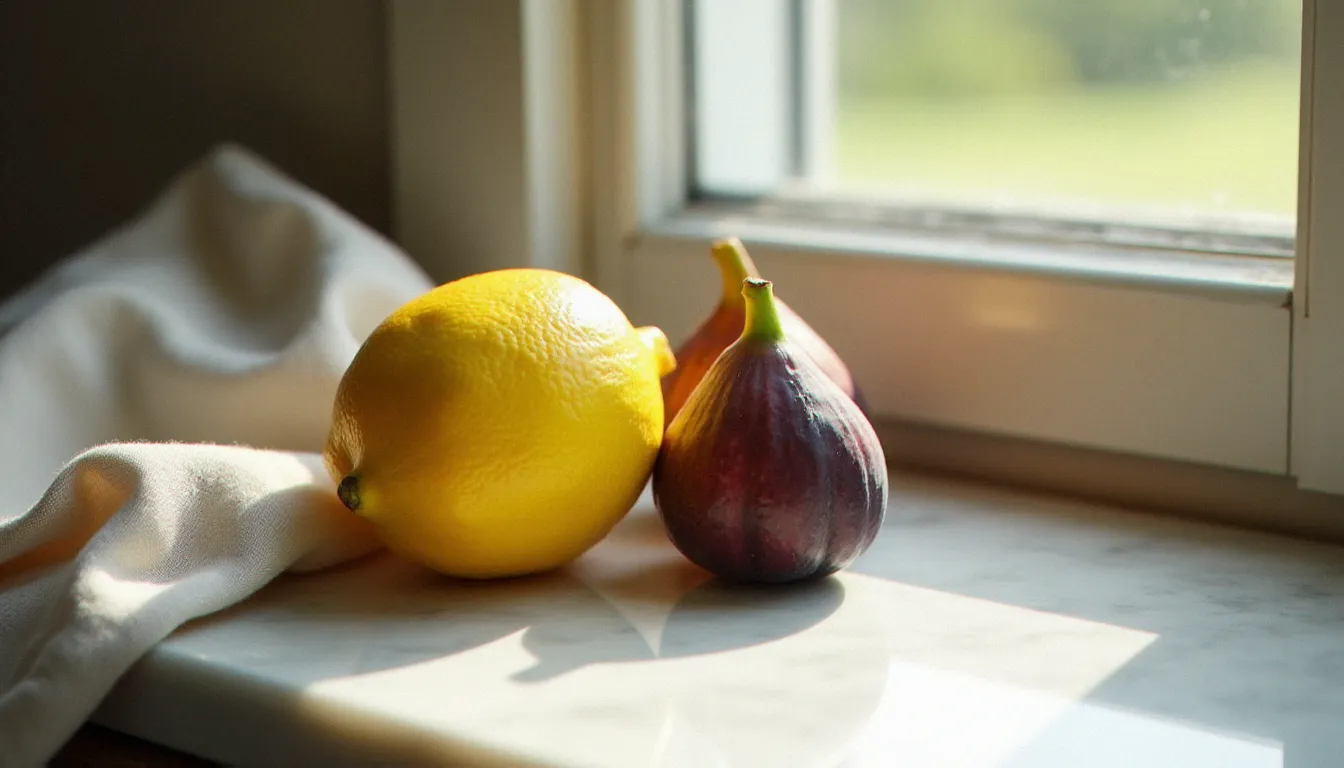 Citron et figues posés sur marbre blanc près d'une fenêtre nord, gouttelettes d'eau visibles sur la peau des fruits sous lumière naturelle matinale