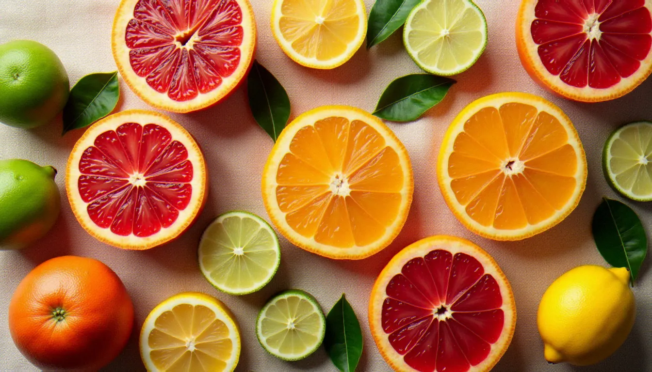 Composition vue du dessus de fruits coupés et entiers sur tissu lin, oranges sanguines, citrons verts et jaunes arrangés géométriquement en lumière naturelle zénithale
