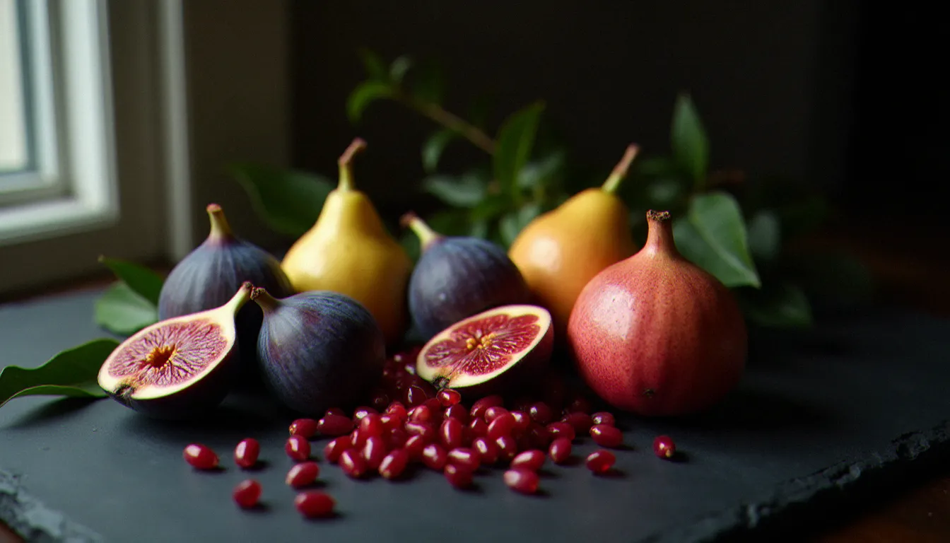 Photo nature morte fruits avec figues violettes, poires dorées et graines de grenade sur ardoise noire, éclairés par la lumière naturelle d'une fenêtre