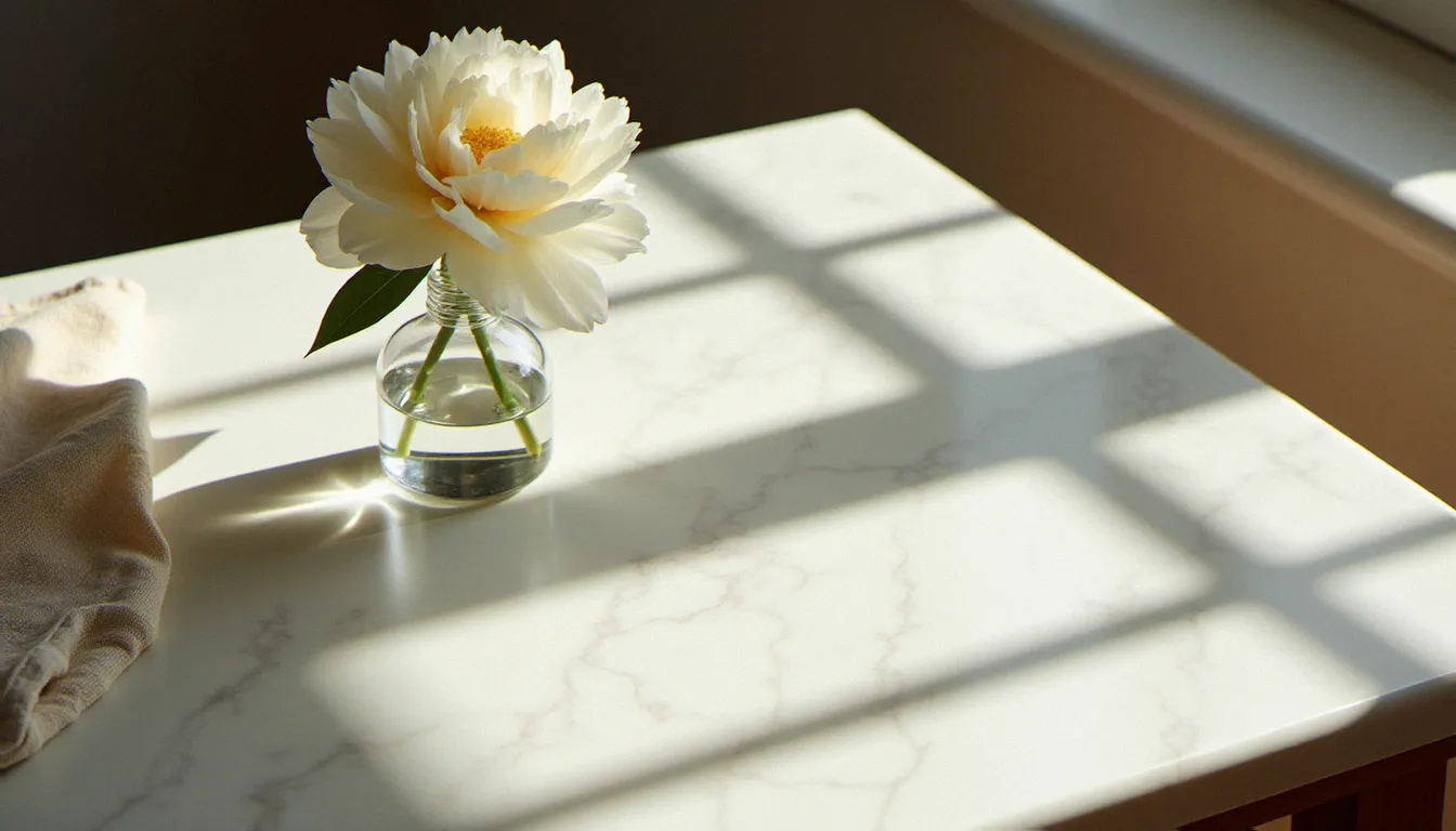 Table de studio photographique avec lumière naturelle latérale créant des ombres dramatiques sur marbre blanc, une pivoine blanche dans un vase en verre et un linge de lin froissé, lumière rasante révélant les textures