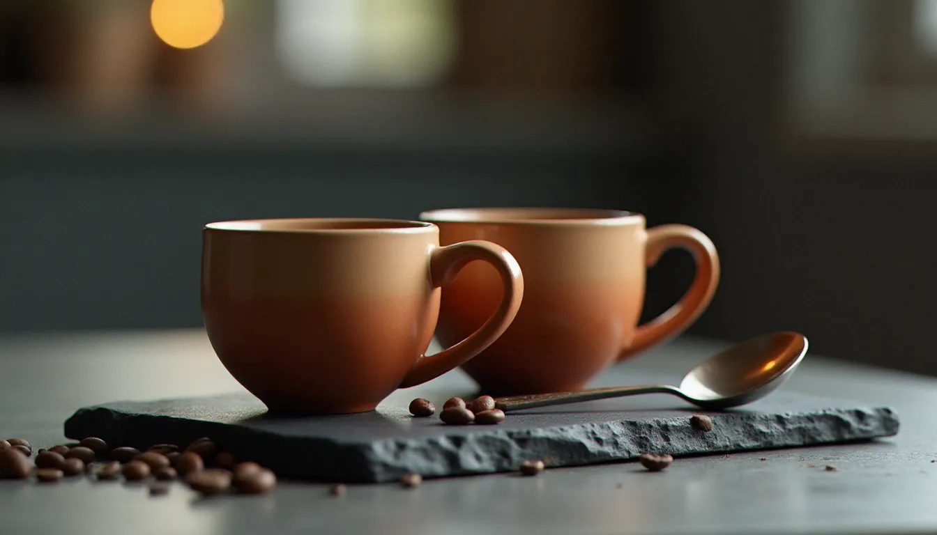 Composition minimaliste en photo nature morte moderne avec trois tasses en céramique artisanale terracotta sur ardoise grise, grains de café entiers et cuillère en argent vintage, lumière du matin chaude et atmosphérique