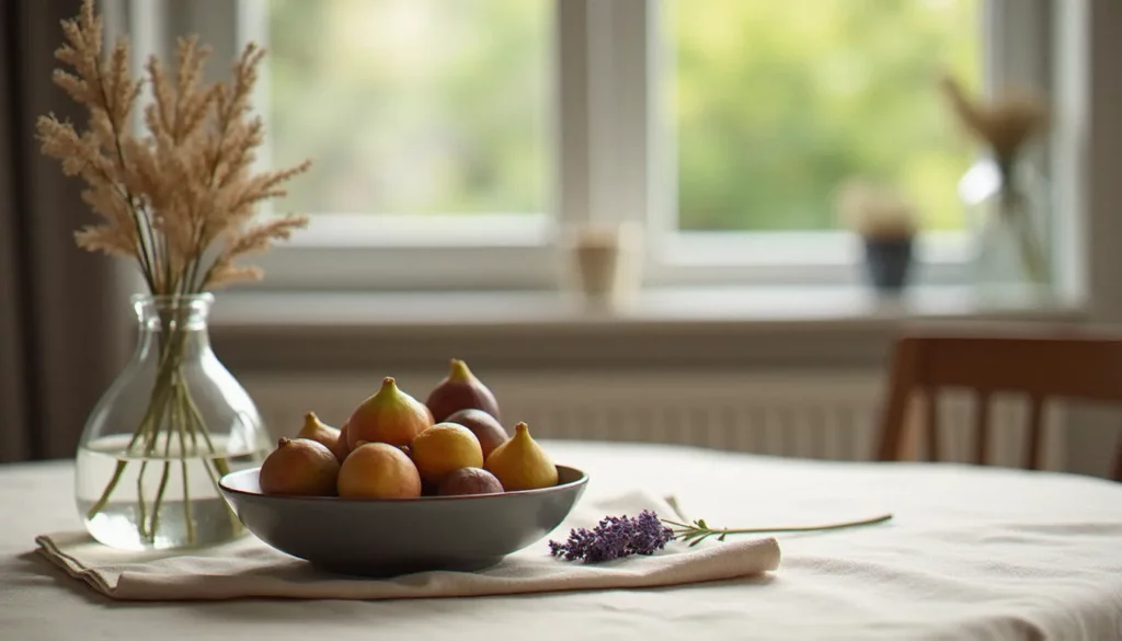 Photo nature morte moderne sur nappe de lin naturel avec un bol en céramique mate de figues fraîches, une carafe en verre et une branche de lavande séchée, éclairage naturel doux et diffus