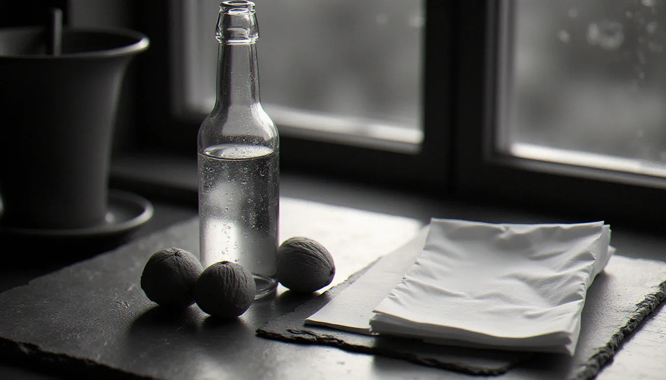 Nature morte monochrome composée d'une bouteille en verre avec gouttelettes, d'une feuille de papier froissée et de deux noix sur ardoise, révélant les textures grâce à la lumière naturelle du nord.