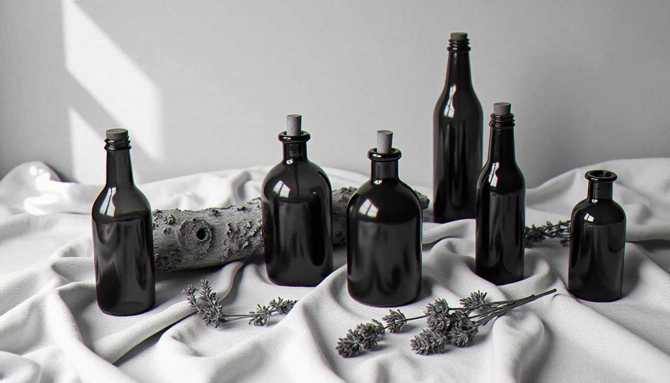 Vue de dessus en noir et blanc d'une composition de cinq flacons en verre anciens, d'écorce de bouleau et de tiges de lavande séchée sur lin, avec ombres douces révélant les volumes.