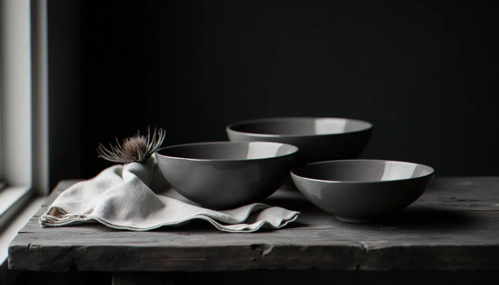 photo nature morte noir et blanc featured Photo nature morte noir et blanc avec trois bols en céramique, un tissu en lin froissé et un chardon séché sur une table en bois ancien, éclairés par une lumière naturelle latérale.