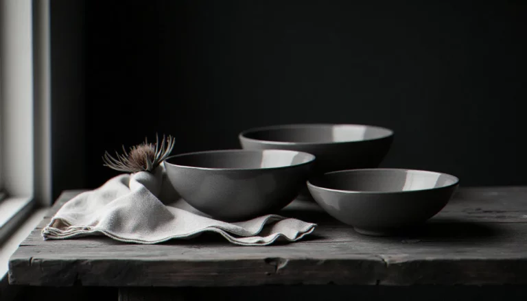 Photo nature morte noir et blanc avec trois bols en céramique, un tissu en lin froissé et un chardon séché sur une table en bois ancien, éclairés par une lumière naturelle latérale.