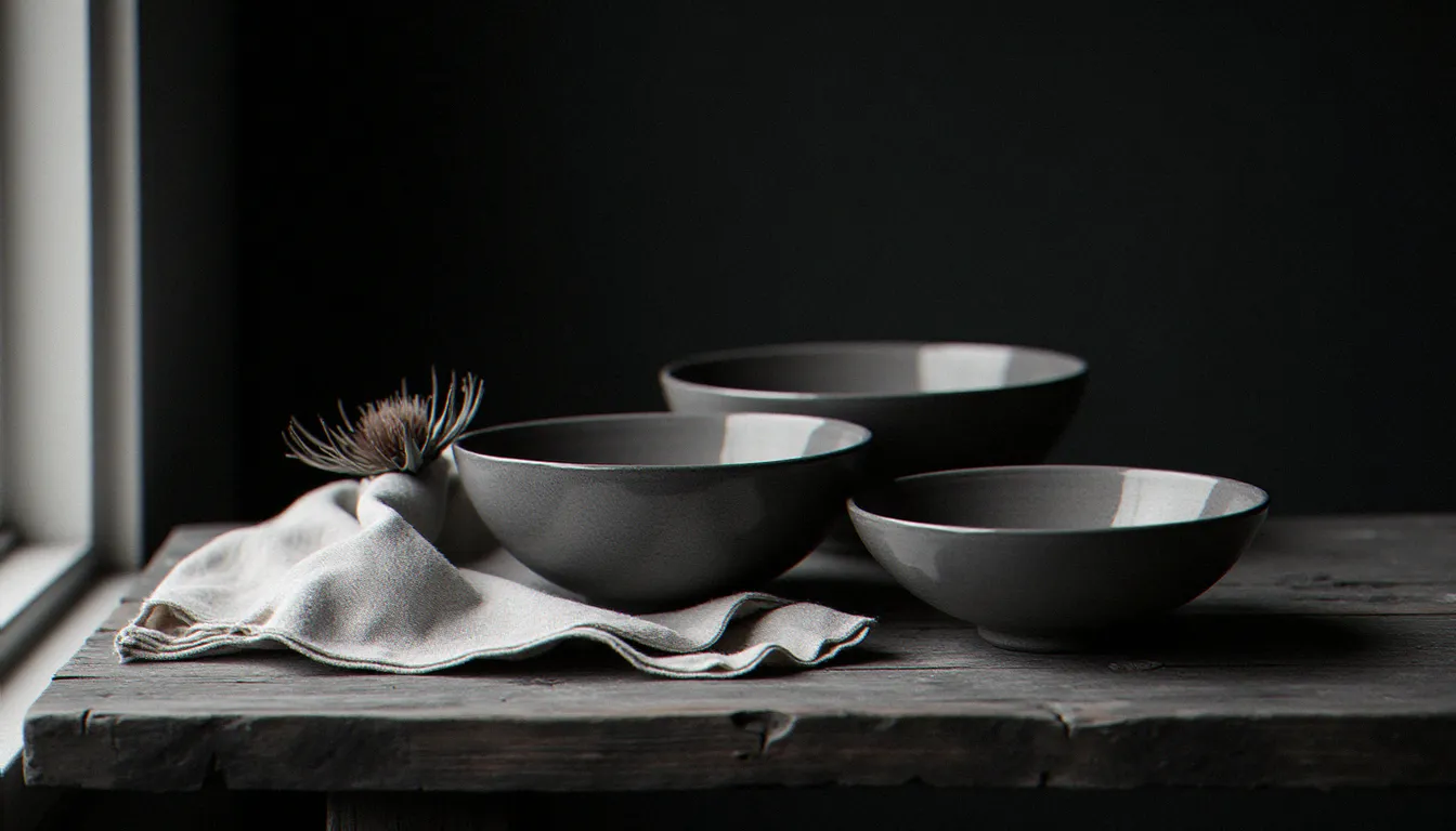 Photo nature morte noir et blanc avec trois bols en céramique, un tissu en lin froissé et un chardon séché sur une table en bois ancien, éclairés par une lumière naturelle latérale.