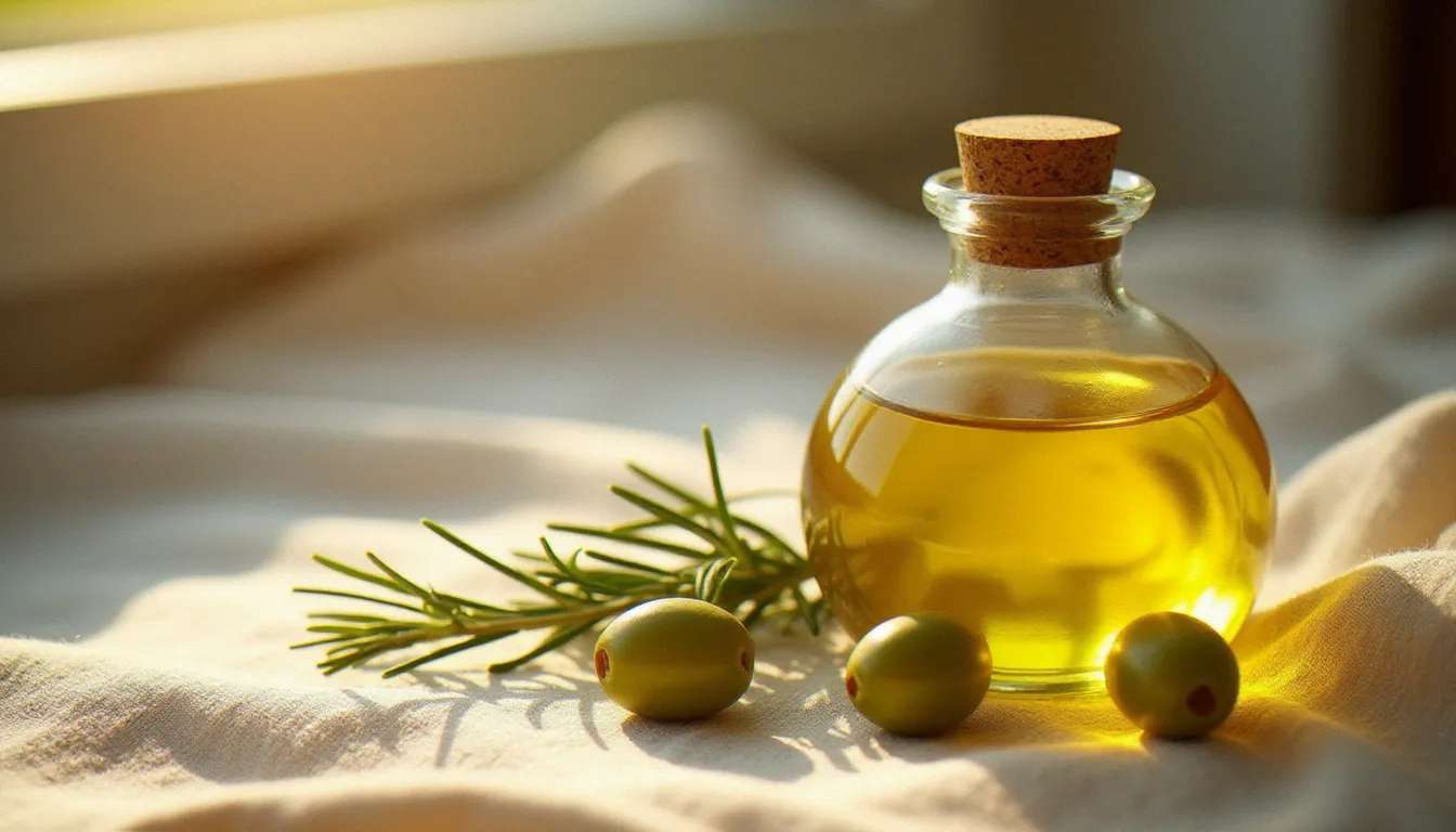 Bouteille d'huile d'olive en verre éclairée par une lumière naturelle rasante du matin, posée sur un tissu de lin brut avec des olives vertes et du romarin frais
