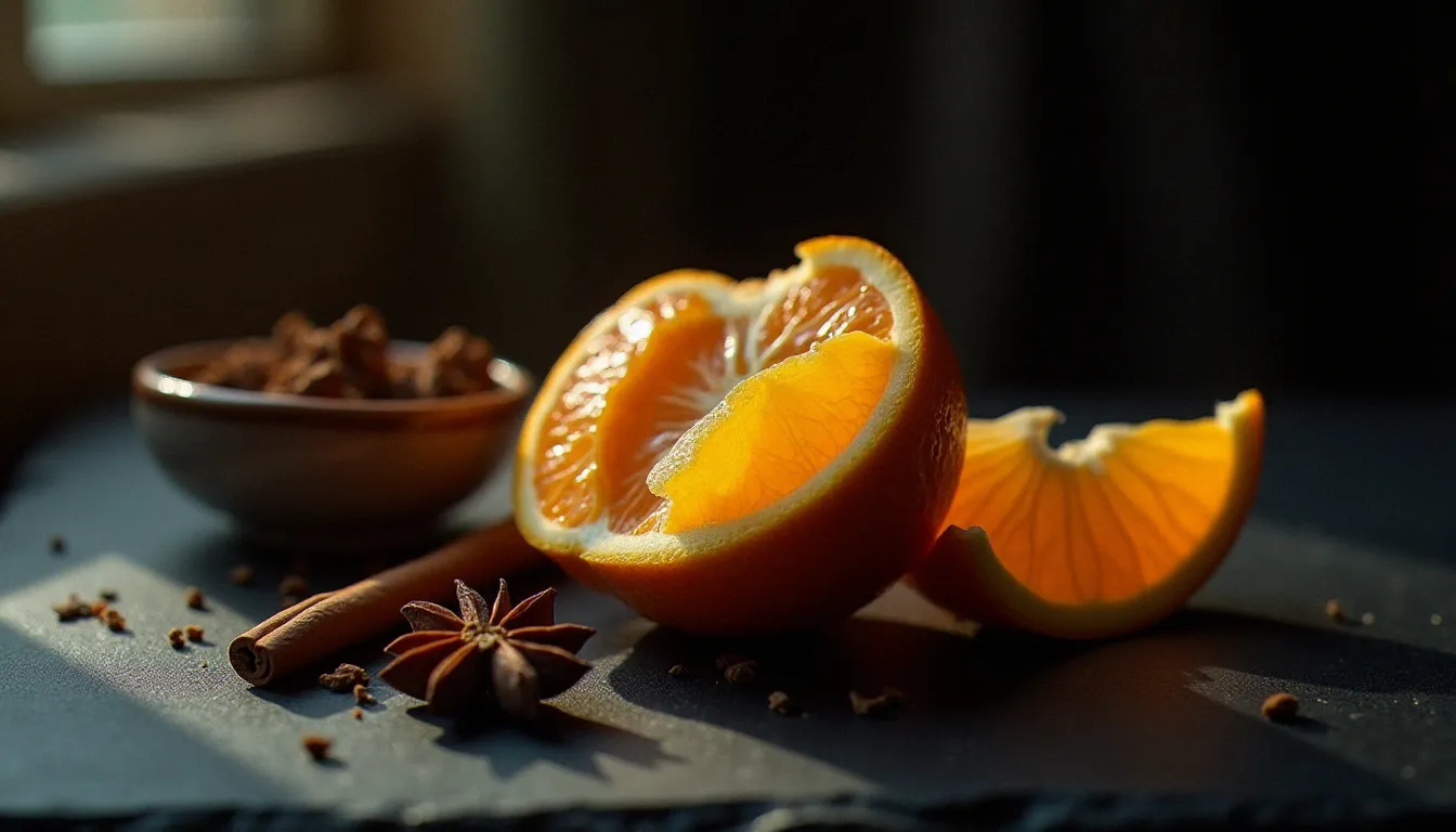 Nature morte originale sur ardoise sombre avec une orange pelée à moitié, des épices dans un bol en céramique et une étoile de badiane, éclairés latéralement pour révéler les textures