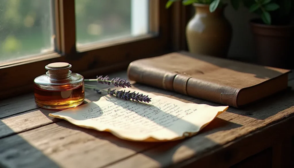 Photo nature morte originale composée d'un encrier en verre, d'une lettre manuscrite et d'une branche de lavande séchée sur bois vieilli, éclairés en lumière naturelle diffuse depuis une fenêtre nord
