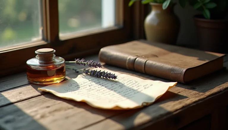 Photo nature morte originale composée d'un encrier en verre, d'une lettre manuscrite et d'une branche de lavande séchée sur bois vieilli, éclairés en lumière naturelle diffuse depuis une fenêtre nord