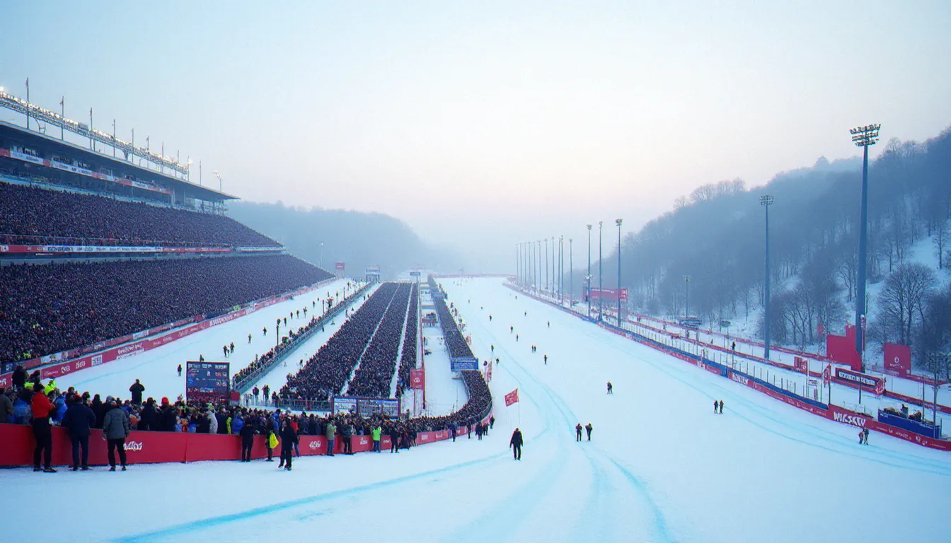 Vue panoramique du stade de Holmenkollen à Oslo lors d'une Coupe du Monde de biathlon, gradins combles sous une lumière hivernale nordique diffuse