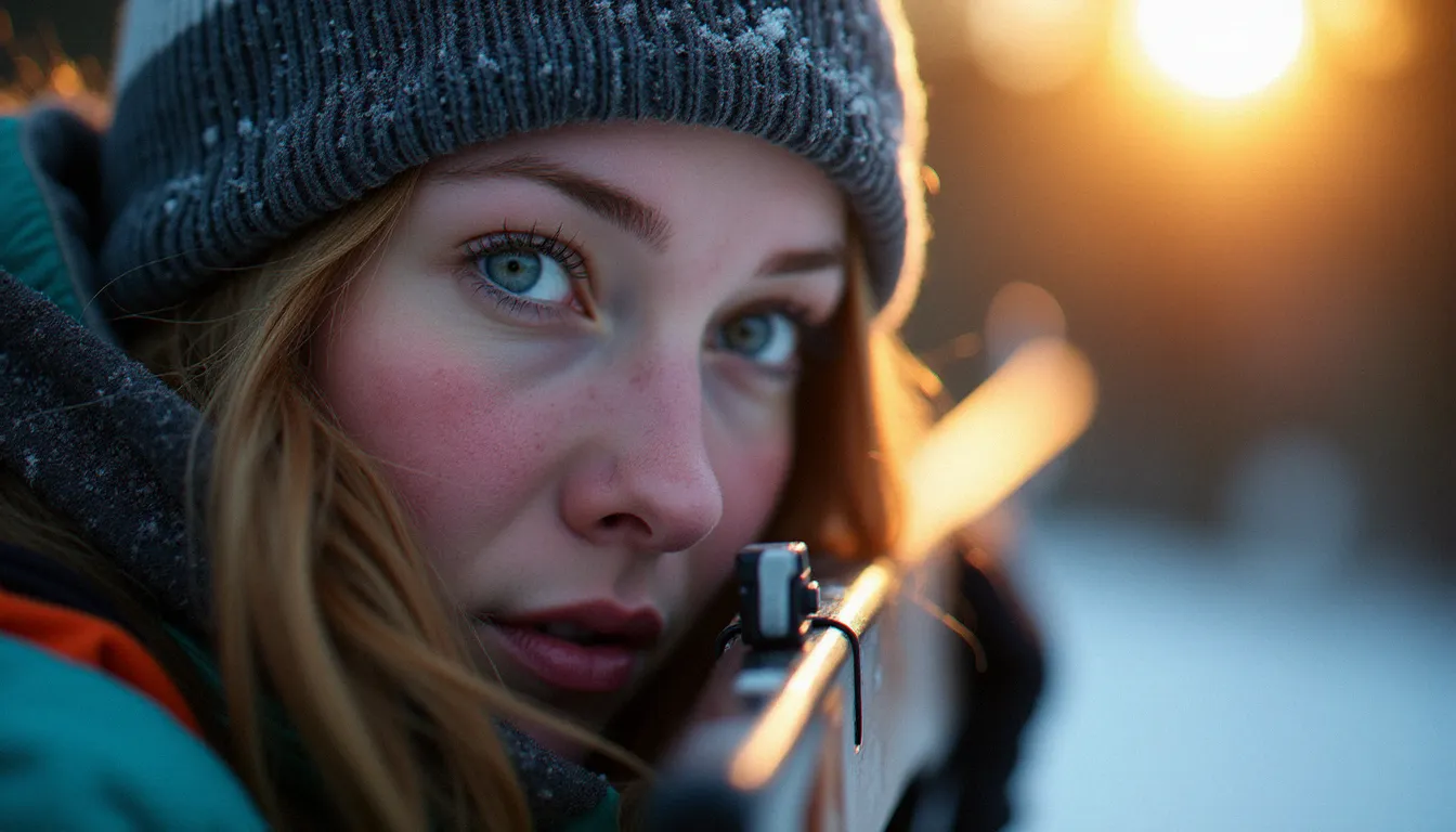 Portrait rapproché d'une biathlète en position de tir lors d'une Coupe du Monde en Norvège, éclairée par la lumière rasante arctique de fin d'après-midi avec des cristaux de givre visibles