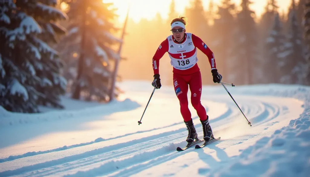 photo norvege coupe du monde featured Skieur de fond en combinaison lors d'une étape de Coupe du Monde en Norvège, capturé sous la lumière dorée arctique rasante dans une forêt d'épicéas enneigés