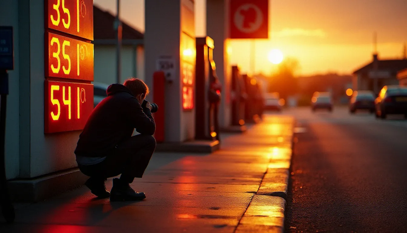 Photographe en position basse capturant un prix pompe à essence sous la lumière dorée du matin dans une station-service française