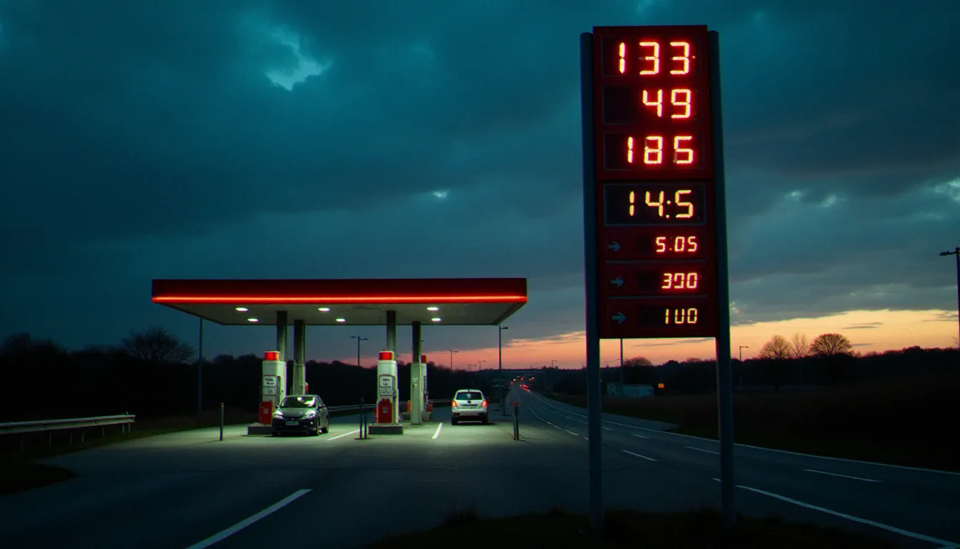 Station-service sur nationale française au crépuscule, panneaux de prix carburant lumineux, atmosphère documentaire en lumière naturelle déclinante