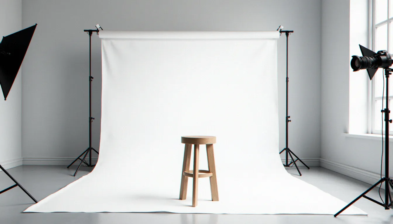 Studio photo professionnel avec fond blanc vinyle et éclairage séparé pour réaliser une photo sans arrière-plan