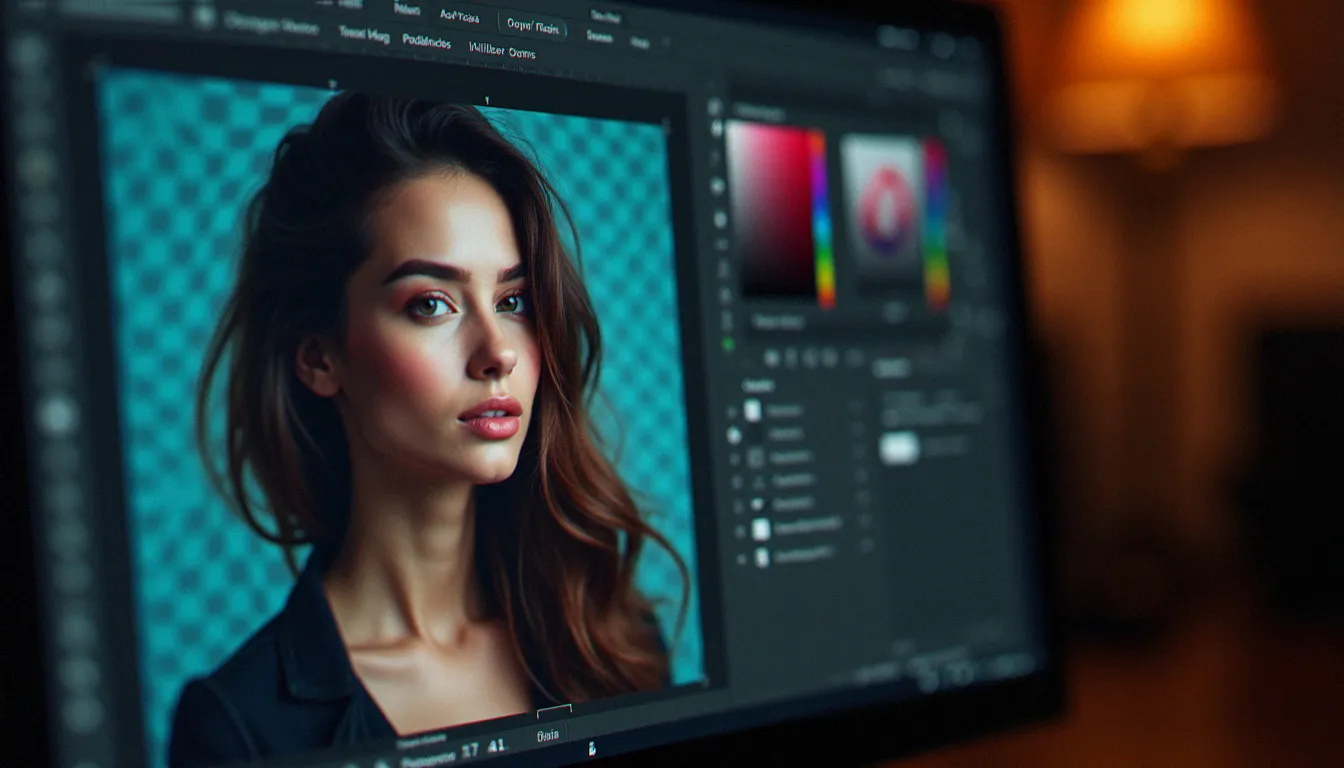 Écran d'ordinateur montrant le détourage d'un portrait dans Photoshop pour obtenir une photo sans arrière-plan avec fond transparent