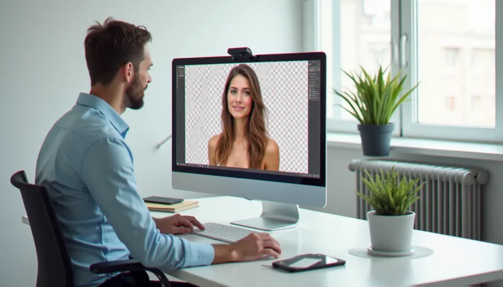Photographe professionnelle travaillant sur une photo sans arrière-plan devant un écran d'ordinateur en studio lumineux