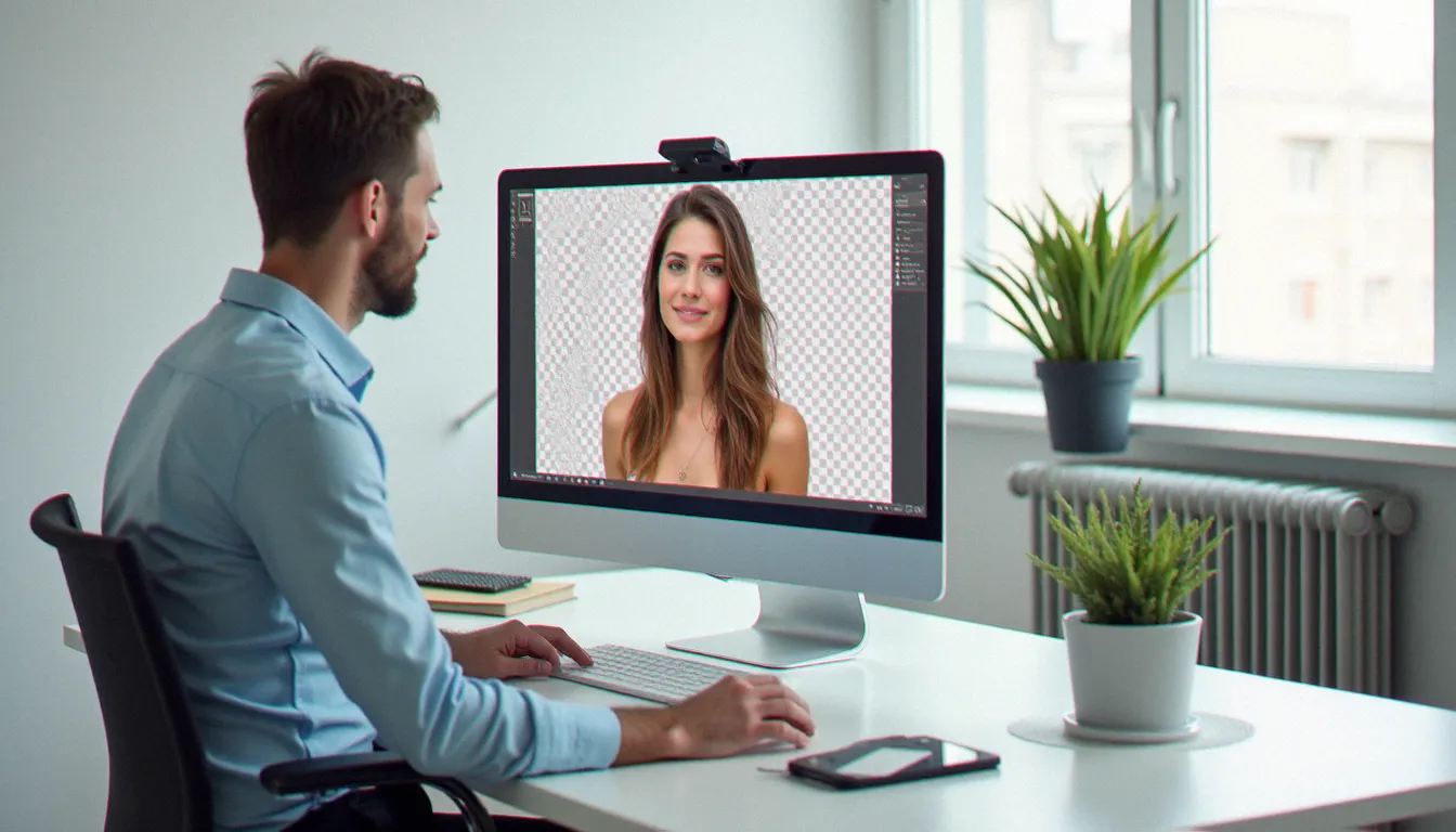 Photographe professionnelle travaillant sur une photo sans arrière-plan devant un écran d'ordinateur en studio lumineux