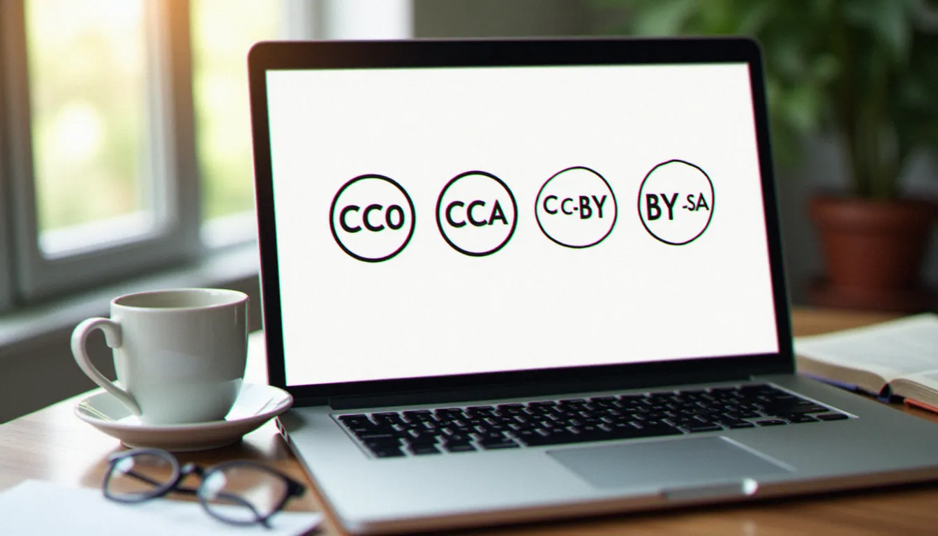 Écran d'ordinateur affichant les icônes de licences Creative Commons pour choisir une photo sans droit d'auteur, lumière douce sur bureau en bois