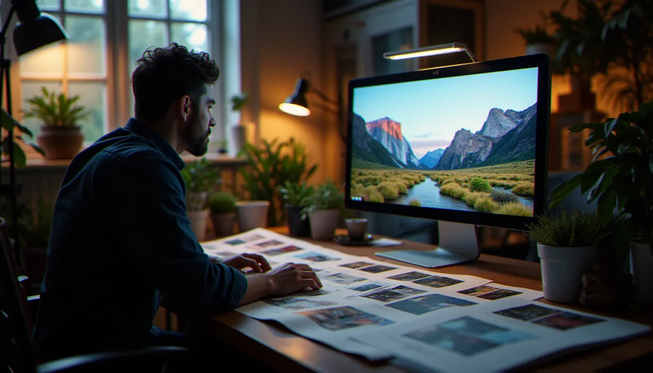 Photographe sélectionnant des photos libres de droits de haute qualité sur grand écran dans un studio lumineux, évaluant la composition et la lumière