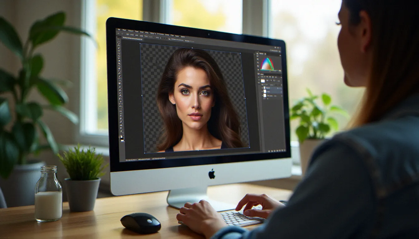 Détourage précis d'un portrait en lumière naturelle dans Photoshop, montrant le canal alpha transparent autour des cheveux pour une photo sans fond professionnelle