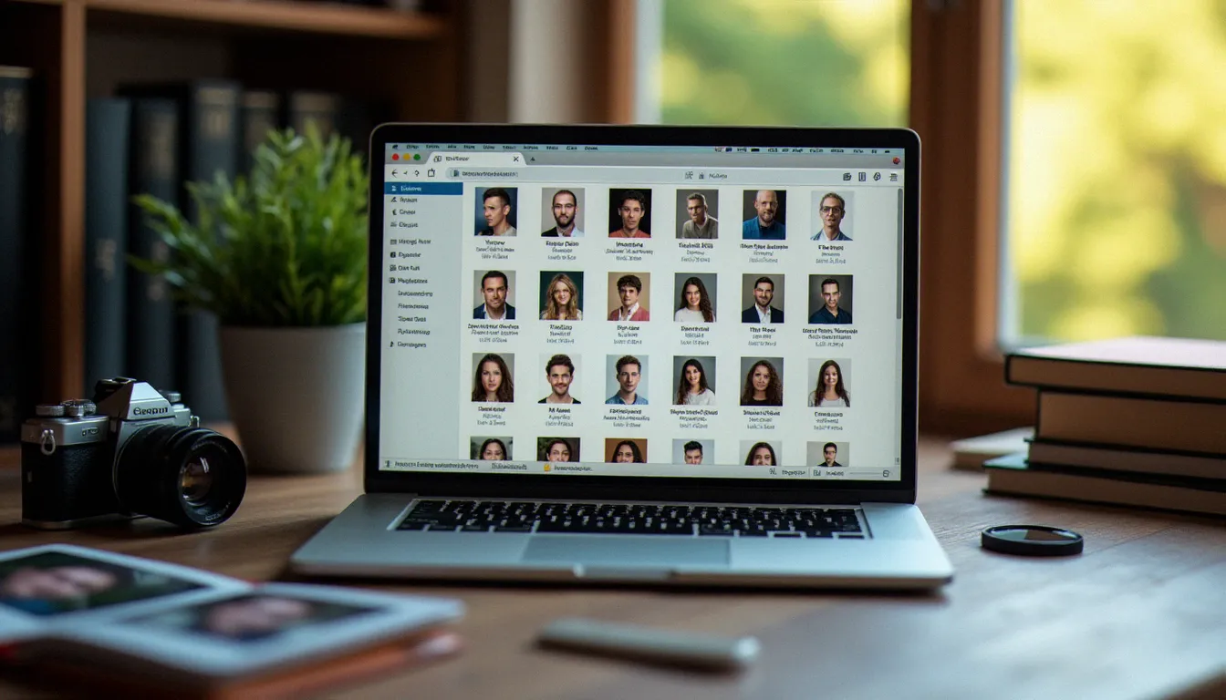 Système de nommage organisé pour des fichiers de photos sans fond PNG, affichant les conventions de nommage avec le nom du sujet et la date sur un bureau de photographe