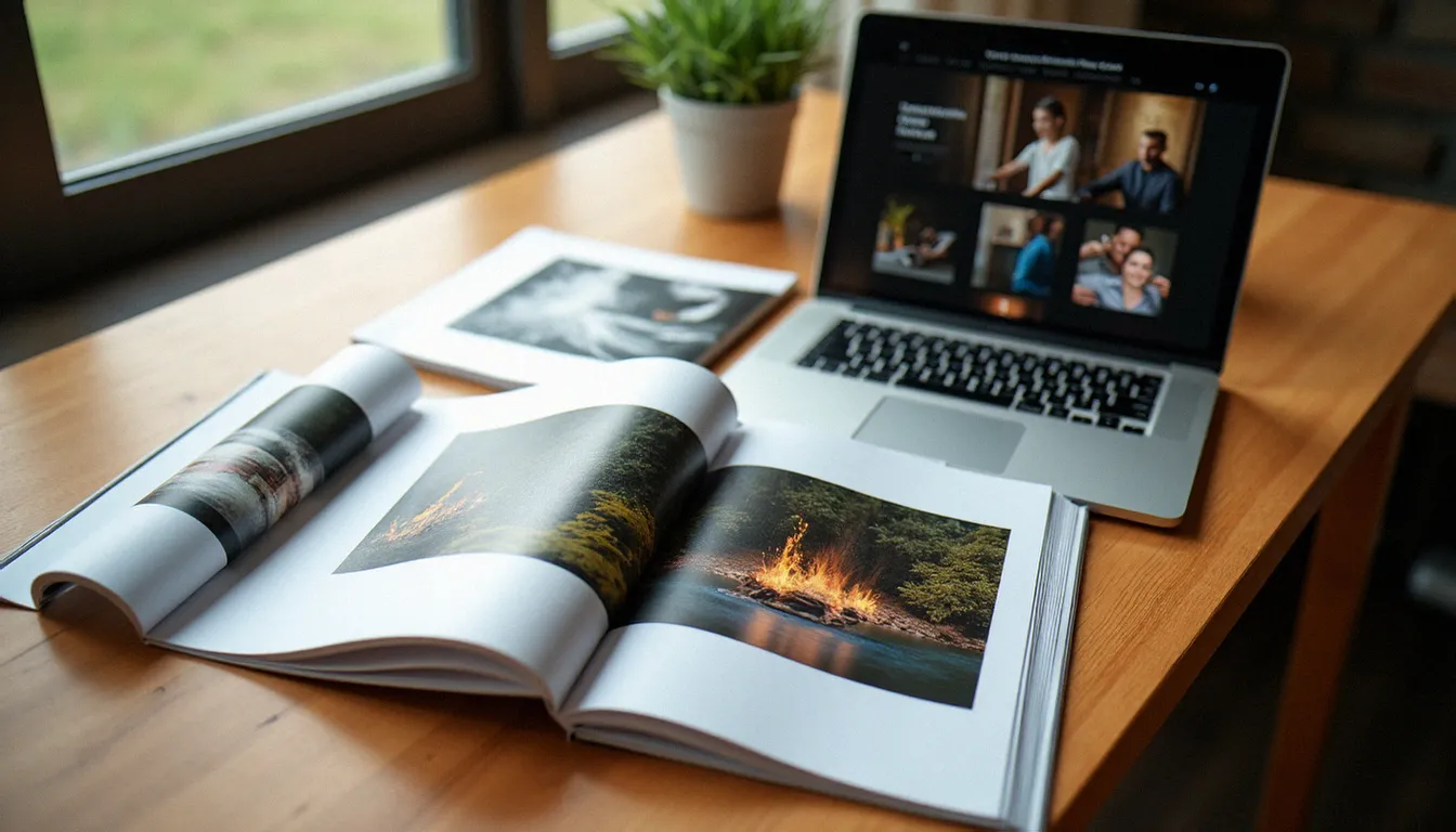 Portfolios de photographes professionnels sur une table en bois pour comparer et choisir un photographe autour de soi
