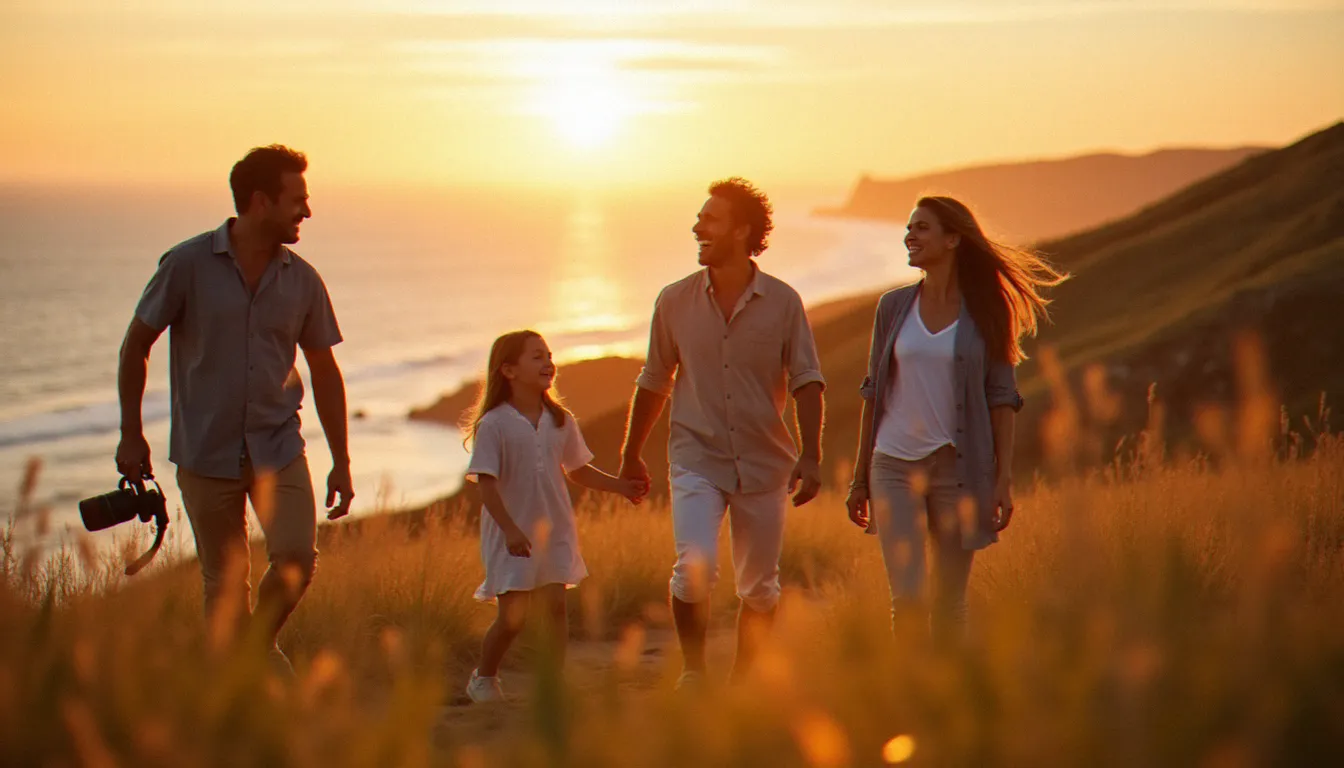 Séance photo de famille en lumière naturelle dorée sur le littoral atlantique avec un photographe local