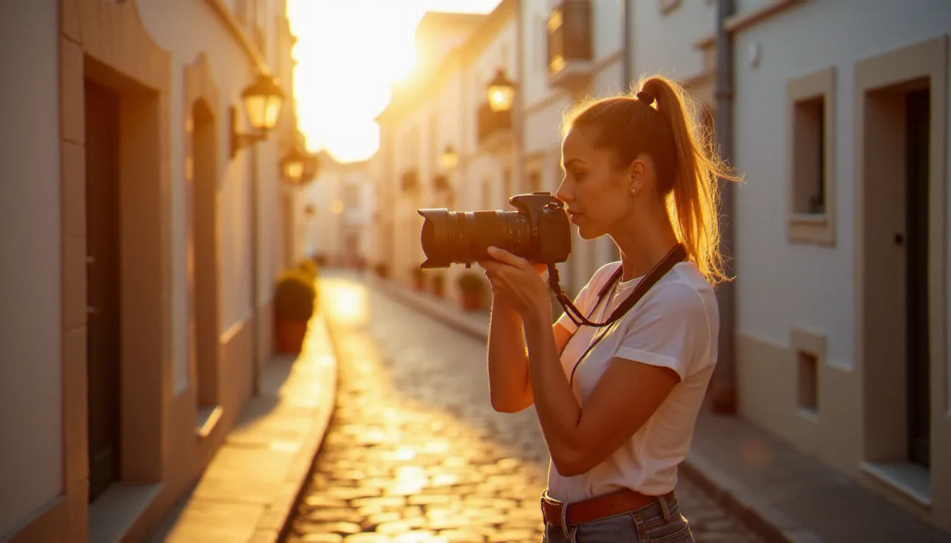 Photographe professionnelle en lumière naturelle dans une rue pavée d'une ville côtière française, cherchant le meilleur photographe autour de moi