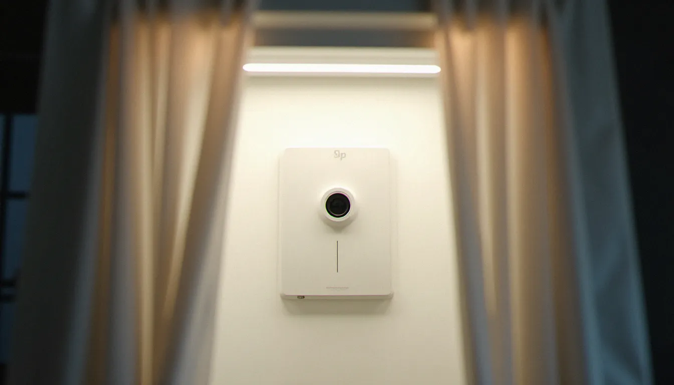 Vue intérieure d'une cabine photomaton depuis la perspective du sujet, avec l'objectif centré sur fond blanc épuré et le rideau laissant filtrer une lumière chaude en contraste avec la lumière frontale du flash