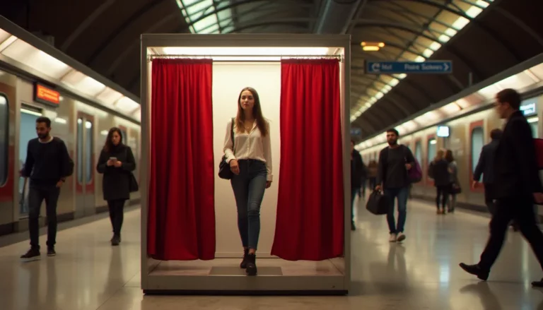 Cabine photomaton autour de moi dans une gare française, une femme s'apprêtant à prendre son portrait instantané sous la lumière contrastée du flash et de l'éclairage naturel de la gare