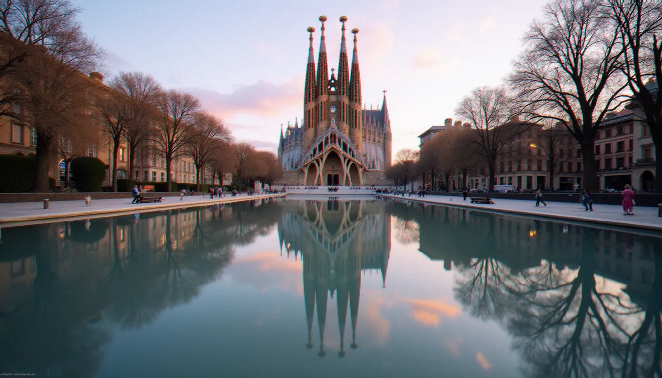 Reflet des tours de la Sagrada Família dans le bassin de la Plaça de Gaudí à l'aube, point de vue recommandé pour une composition originale