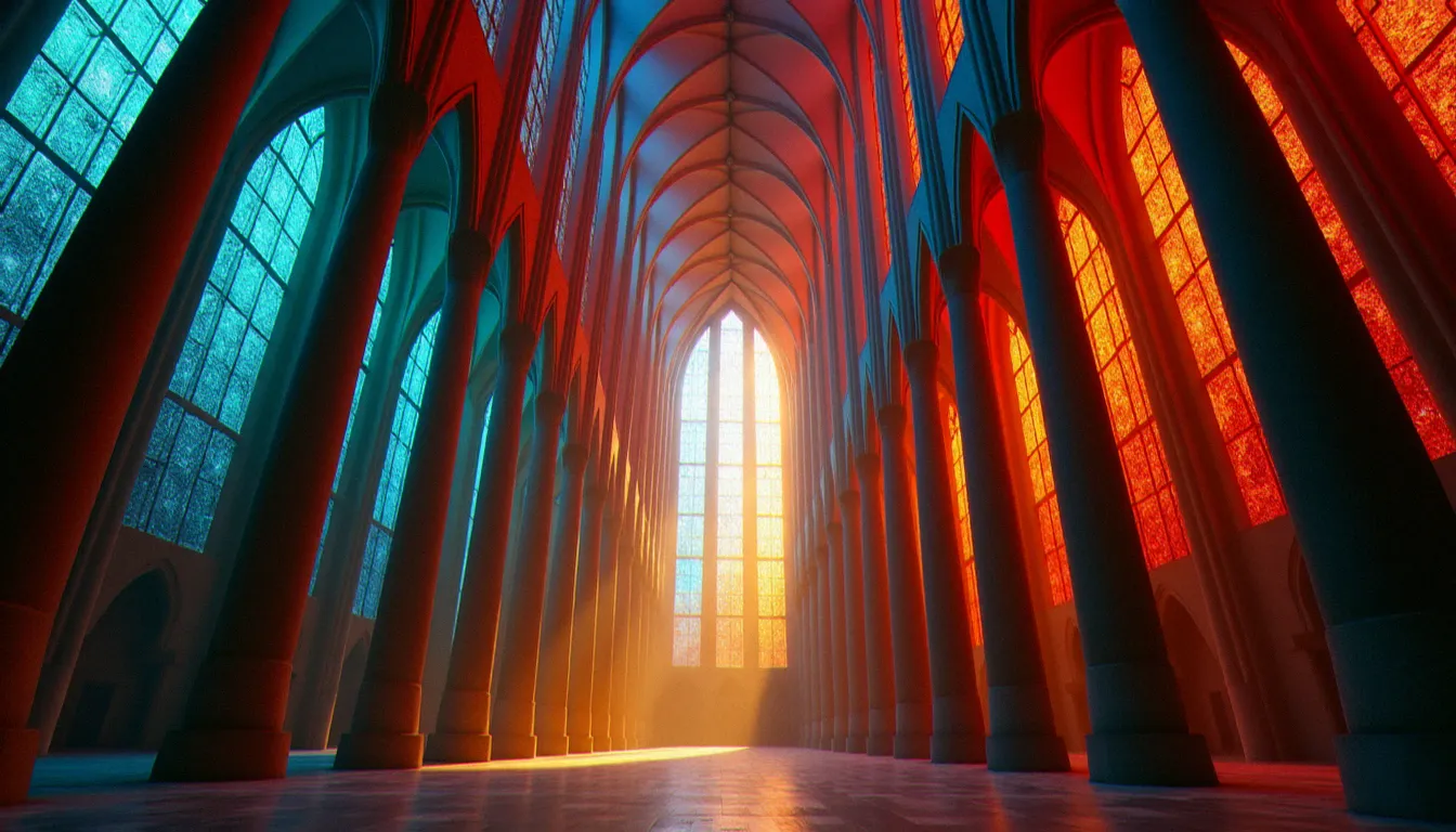 Nef intérieure de la Sagrada Família illuminée par les vitraux colorés, lumière naturelle traversant les verrières est et ouest en milieu de journée