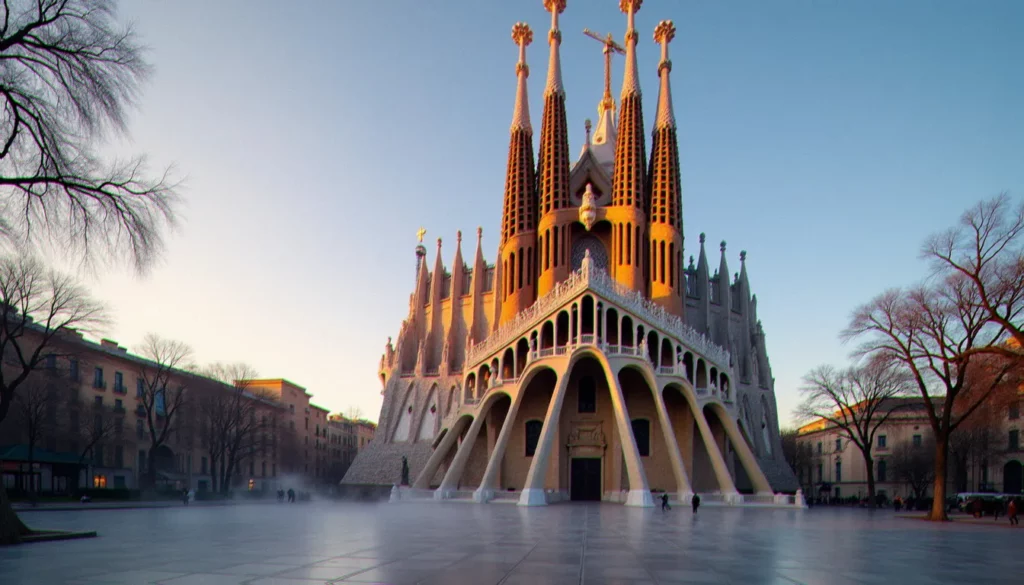 photos de sagrada familia featured Façade de la Nativité de la Sagrada Família baignée dans la lumière dorée du lever du soleil, illustration idéale pour réussir ses photos de Sagrada Família