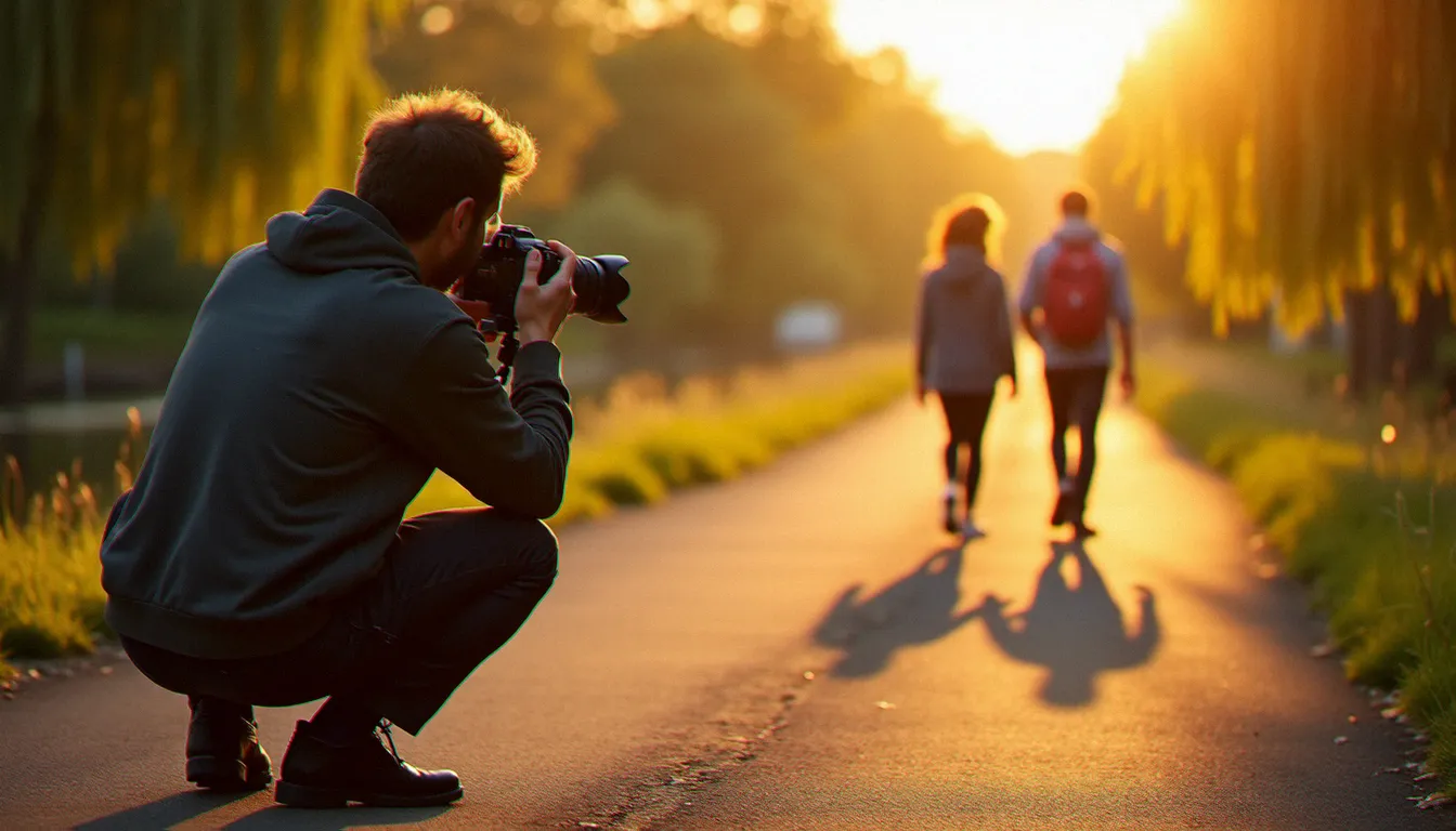 Photographe en extérieur capturant un couple en contre-jour lors de la golden hour, illustrant la technique de lumière naturelle pour portraits romantiques