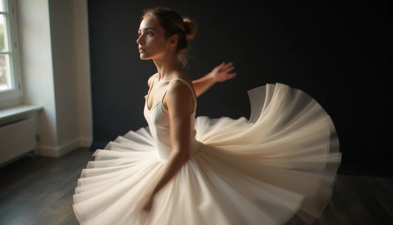 Danseuse de ballet en rotation avec robe ivoire floutée par le mouvement, visage net sur fond sombre, illustration du flou de sujet en photographie artistique
