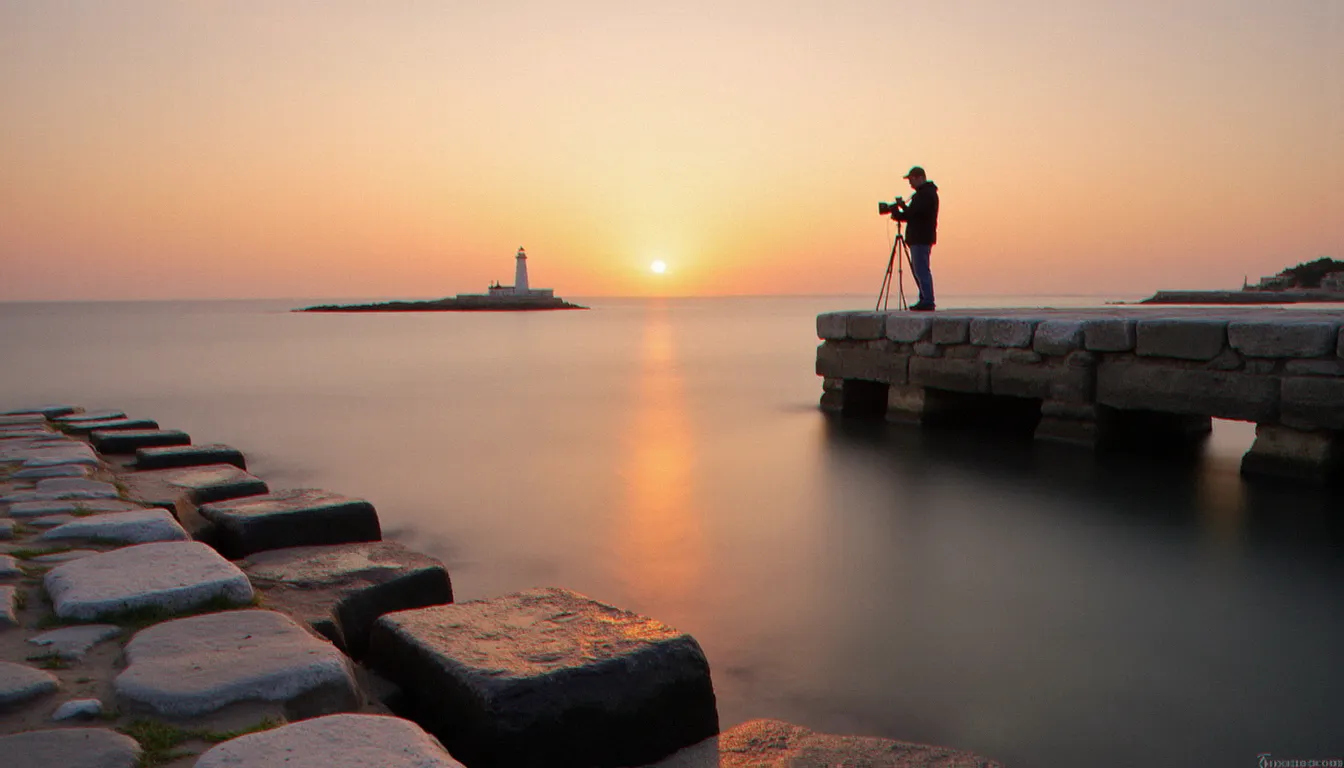 Photographe sur un quai au coucher du soleil, eau rendue soyeuse par une pose longue illustrant la technique de photo avec mouvement en lumière naturelle