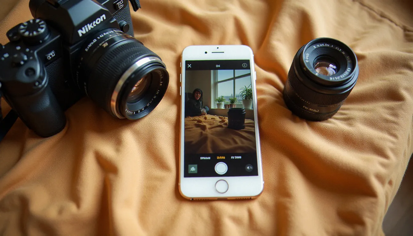 iPhone ouvert sur les réglages de format de l'appareil photo montrant l'option HEIC activée par défaut, posé sur du linge naturel en lumière matinale