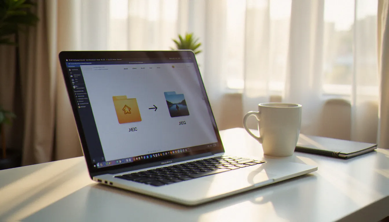 Ordinateur portable d'une photographe ouvert sur un logiciel de conversion de fichiers HEIC vers JPEG, posé sur un bureau blanc baigné de lumière naturelle tamisée de fin d'après-midi