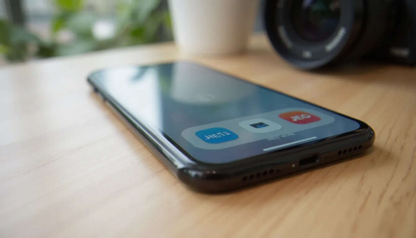 Comparaison d'un fichier photo en HEIC et d'un fichier JPEG affichés sur un écran de smartphone posé sur un bureau en bois, illustrant pourquoi photo en HEIC interroge les photographes