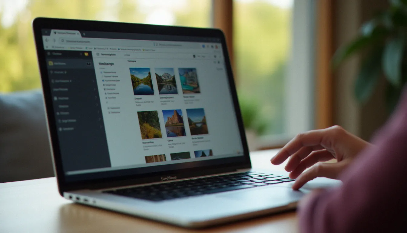 Explorateur de fichiers montrant des photos Samsung au format HEIC sur un écran d'ordinateur portable, en lumière naturelle douce