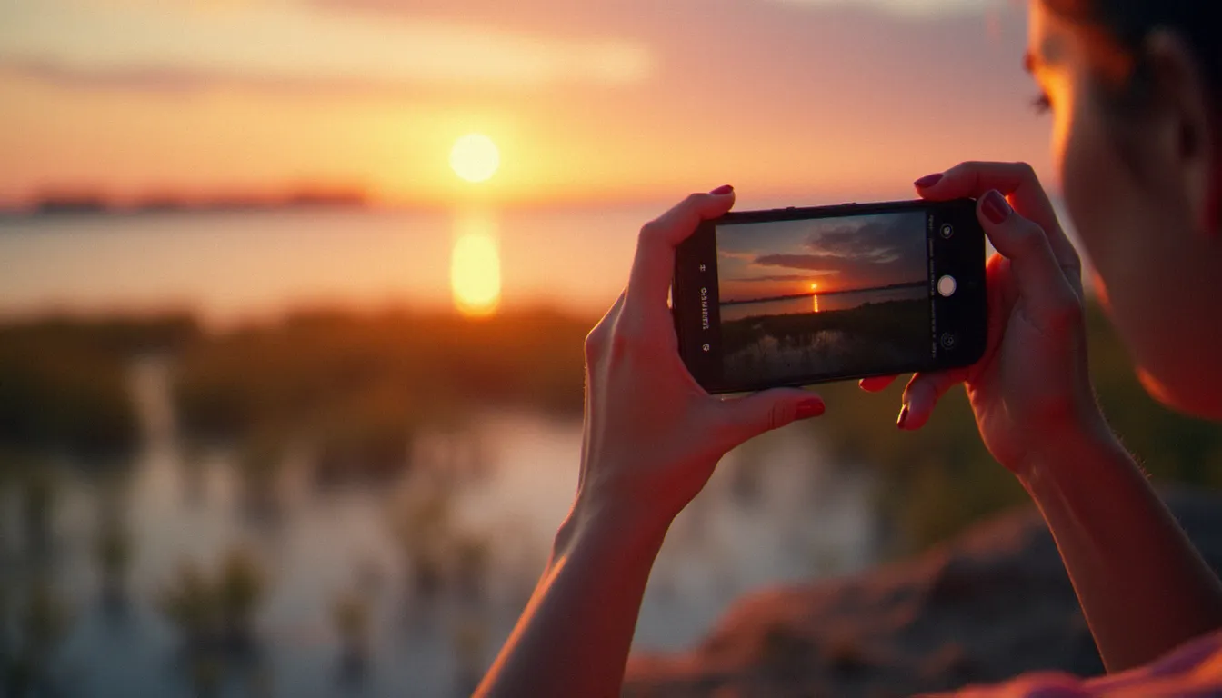 Photographe utilisant un Samsung en format HEIC lors d'un shooting en lumière naturelle dorée au bord d'un marais côtier