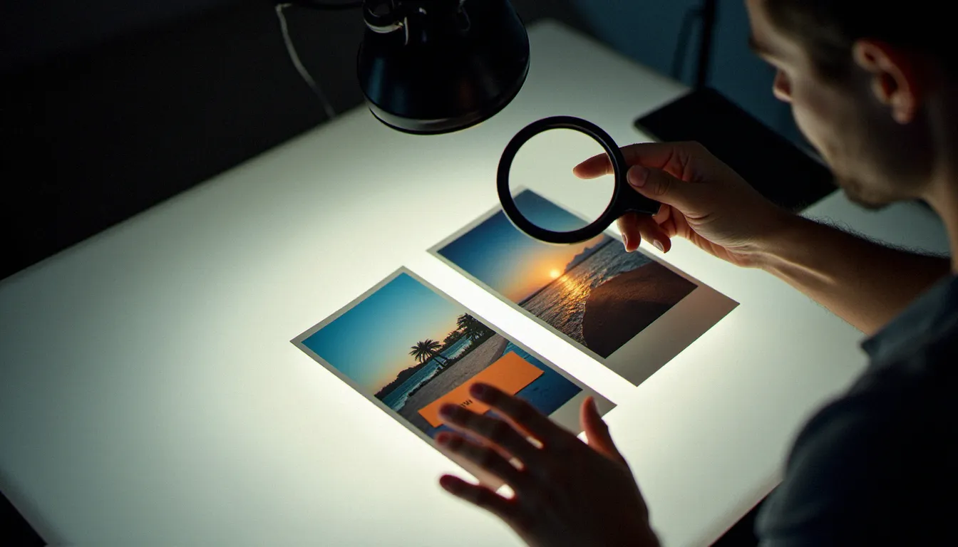 Deux tirages photographiques comparatifs posés sur une table lumineuse, illustrant la différence de plage dynamique entre formats d'image sur Samsung
