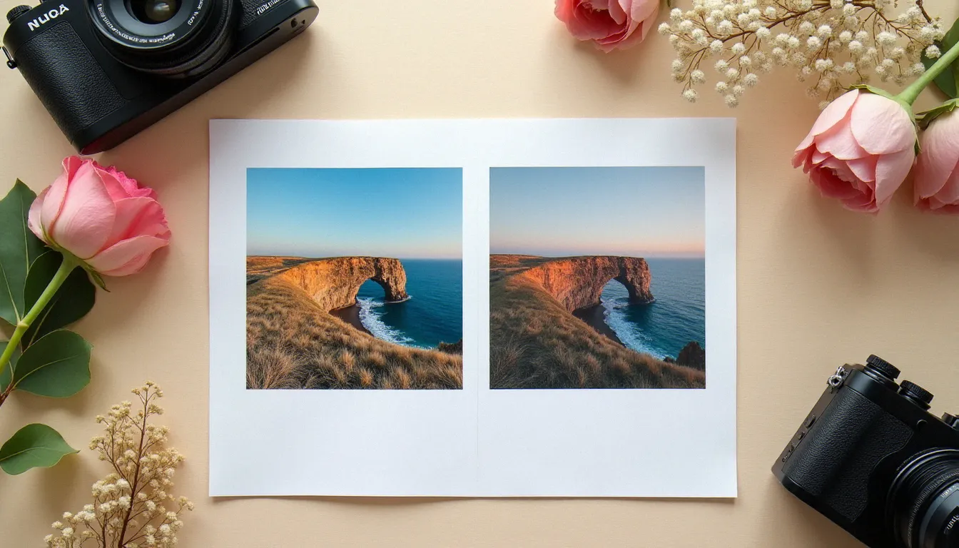 Comparaison visuelle de deux tirages photographiques illustrant la différence de rendu entre le format HEIC Samsung et le format JPEG en lumière naturelle