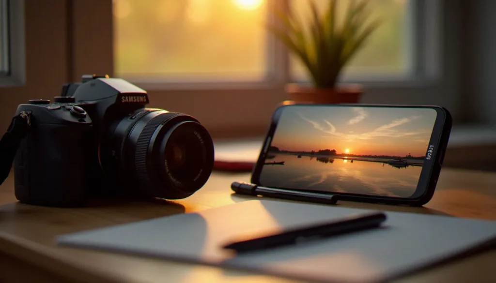 Smartphone Samsung affichant une photo au format HEIC côté d'un appareil photo professionnel, illustrant la question pourquoi photo HEIC Samsung