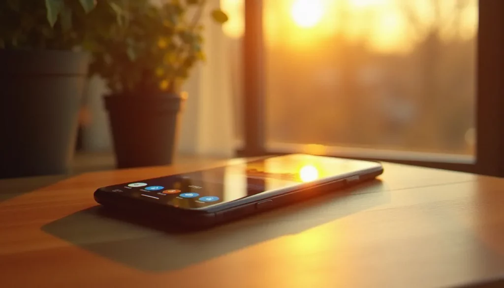Smartphone Samsung posé près d'une fenêtre en lumière dorée du matin, illustrant pourquoi les photos HEIC Samsung sont d'une qualité exceptionnelle